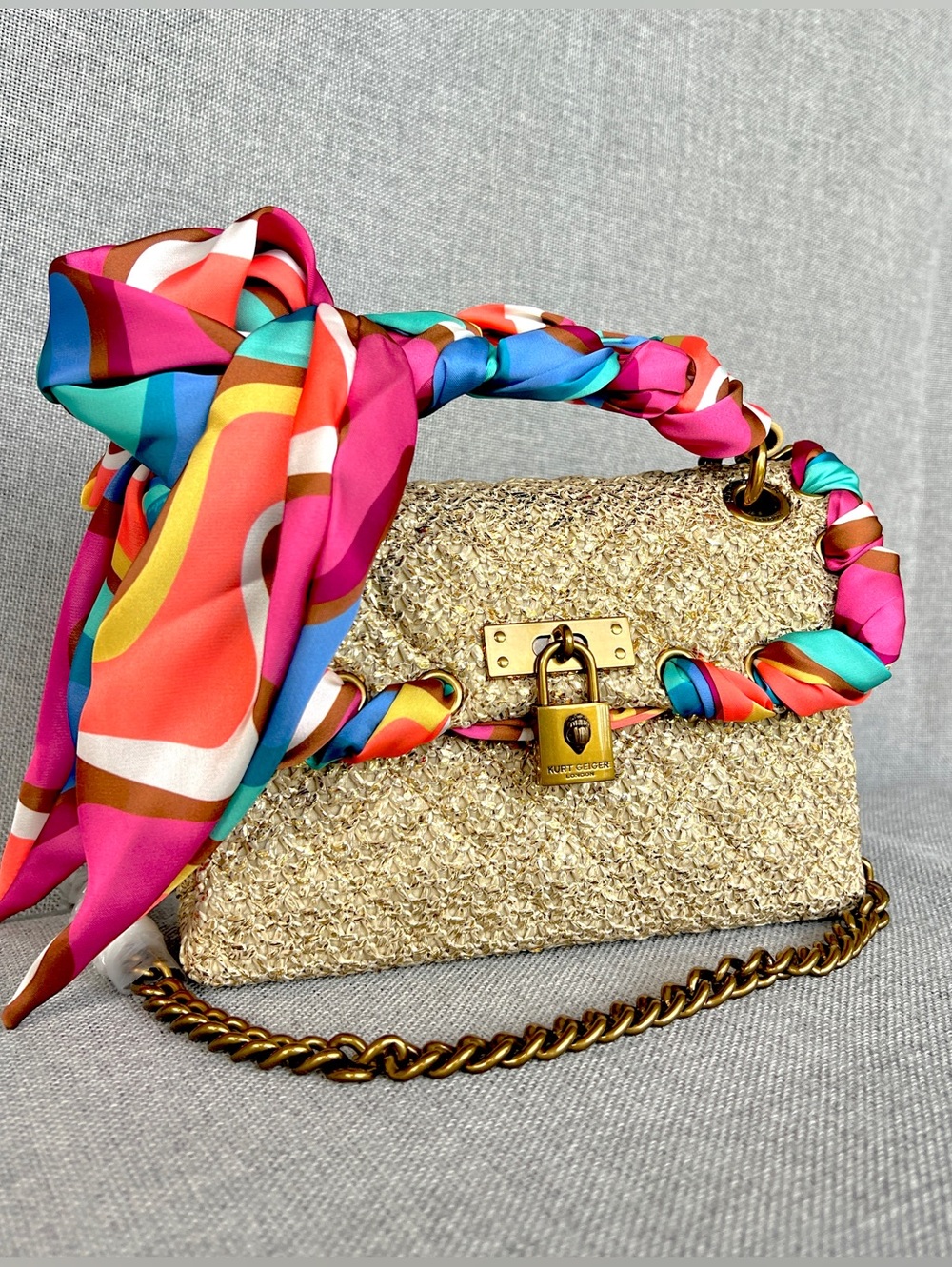 Kurt Geiger Mini Brixton Scarf Bow Gold Raffia Crossbody Chain bag
